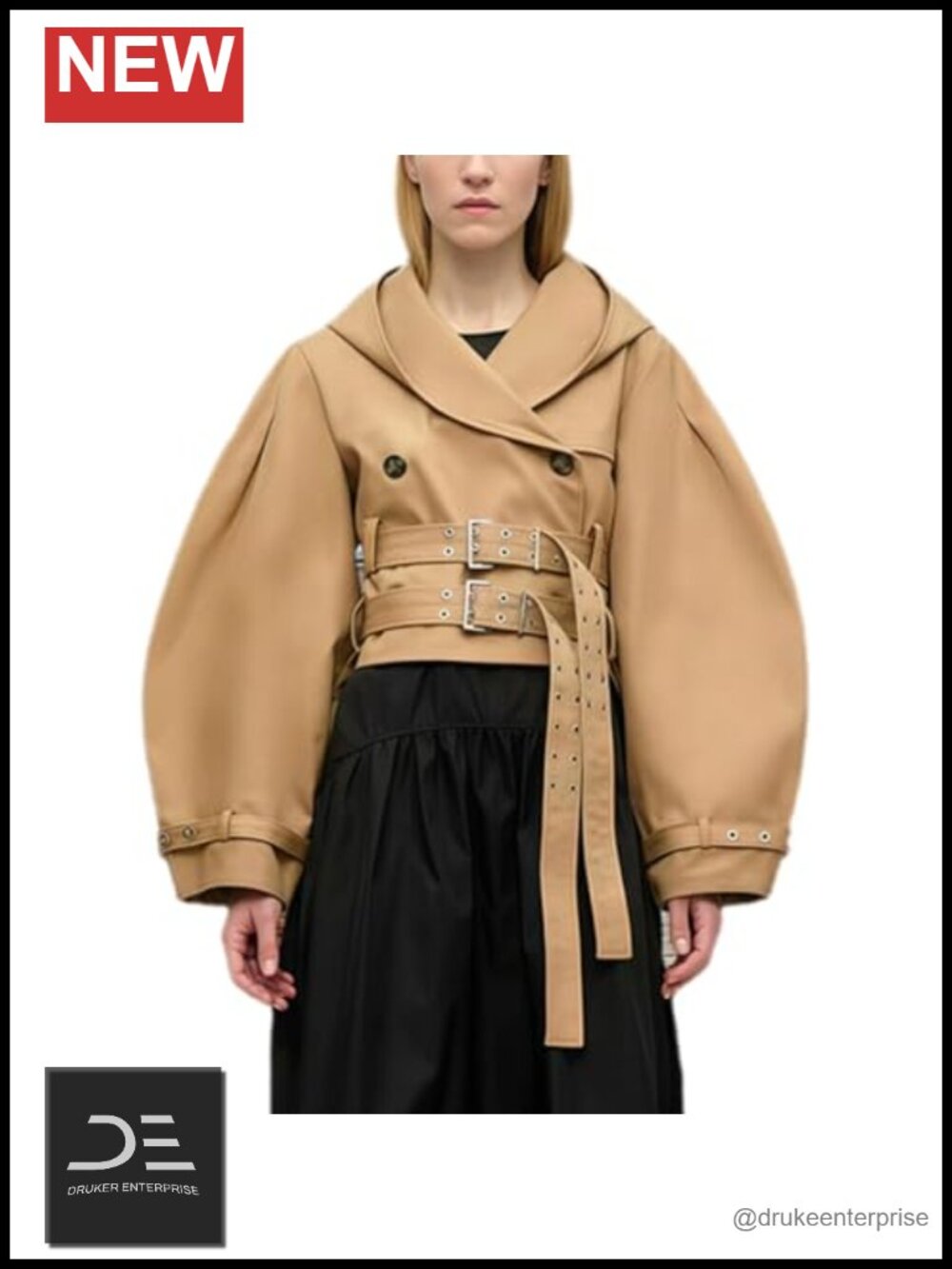 Faux Leather Hooded Jacket Puff Sleeve Belted Waist Short